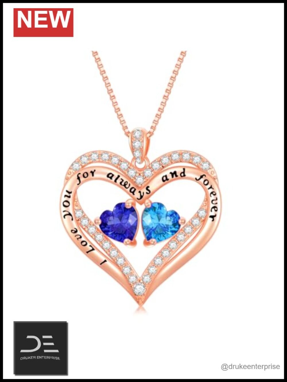 Rose Gold Plated Double Heart Pendant Necklace with Birthstones 18"